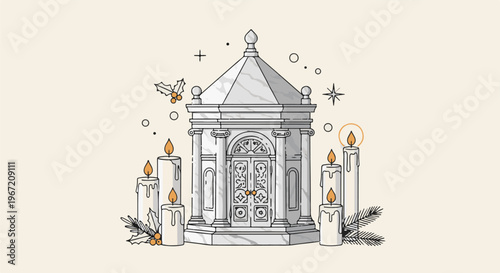 Ornate structure with candles, holly, and starbursts on light background