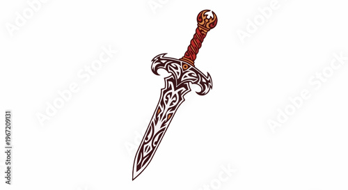 Ornate, stylized fantasy sword with intricate tribal patterns on blade and handle