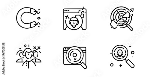 Marketing and Business Icons: A collection of concise icons depicting business and marketing concepts, offering visual representations for various professional contexts. 
