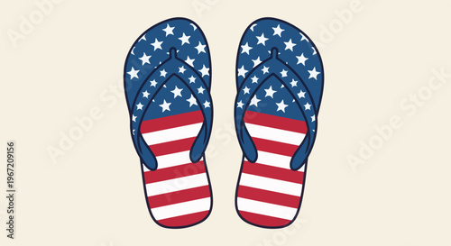 Pair of patriotic flip-flops with stars and stripes pattern