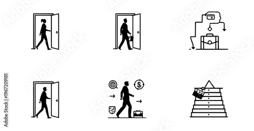 Business Journey Icon Set: A collection of minimalist icons depicting various stages and challenges in a business journey. Illustrating themes like new beginnings, decision-making.