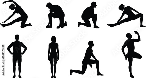 Fitness stretching silhouettes set, warm up exercises, athlete poses, flexibility training, workout routine isolated illustration