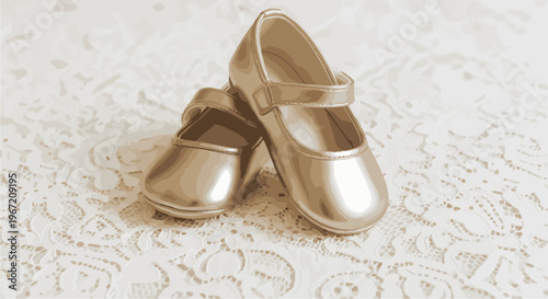 Pair of shiny, gold-colored baby shoes with straps on a lace cloth