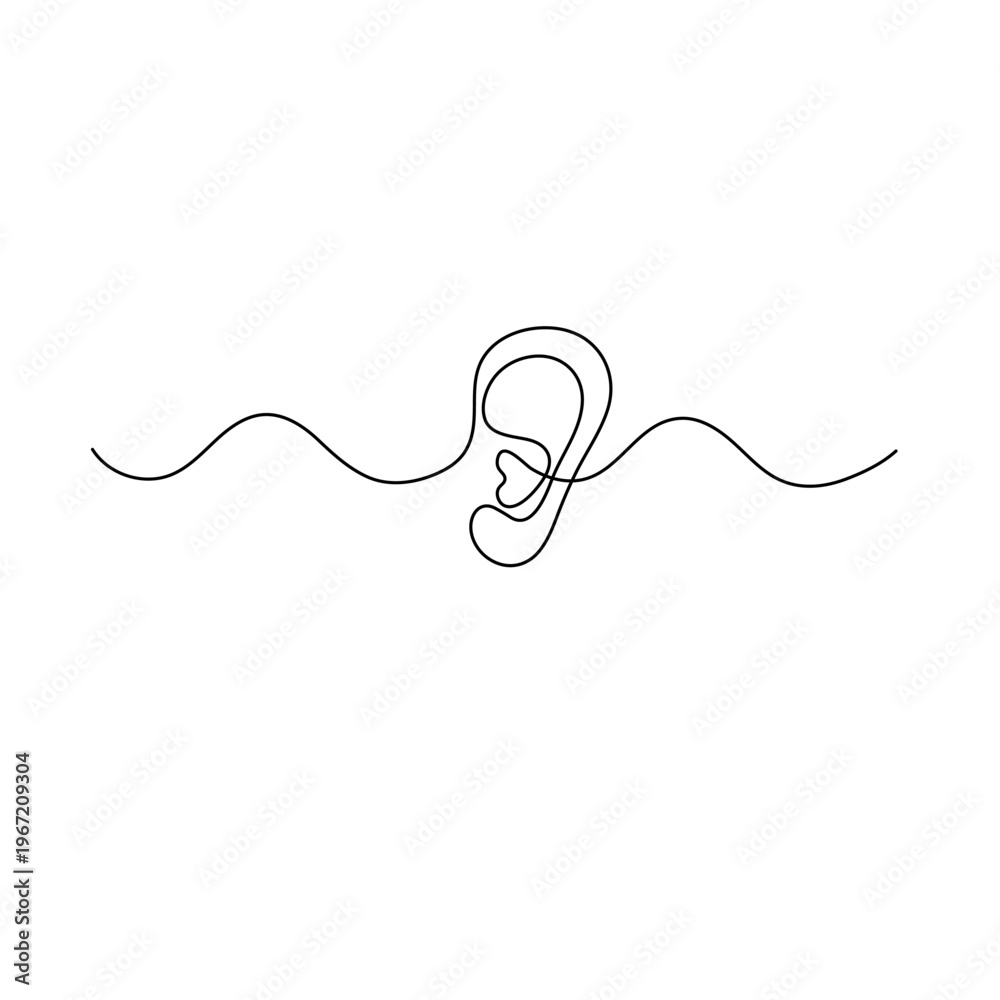Obraz premium Continuous line drawing of a human ear with sound wave 