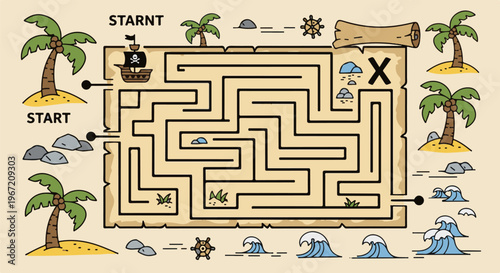 Pirate maze adventure with islands, ship, scroll, waves, and treasure 'X'