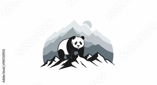 Panda on a mountain range with sun in background