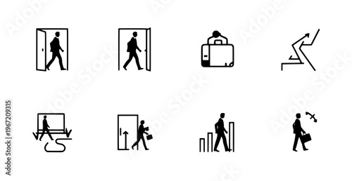 Business Iconography: A collection of minimalist icons depicts the essence of the working world, each a succinct symbol representing key aspects of business activity and movement.