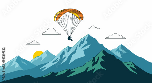Person paragliding over majestic mountains at sunrise with clouds