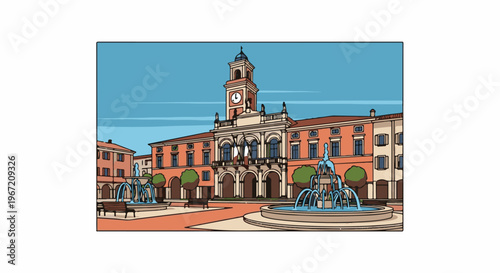 Ornate town hall with clock tower and fountains in a public square