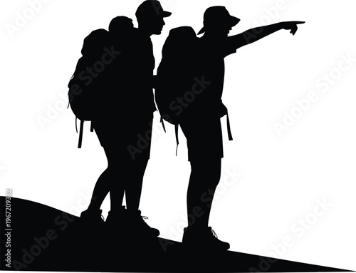 hikers silhouettes pointing direction, trekking adventure concept, backpackers exploring, outdoor journey, isolated black figures, travel teamwork