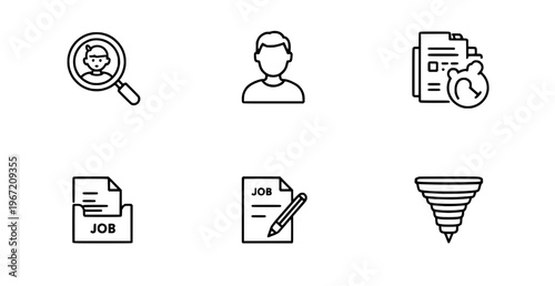 Job Search Icon Set: A collection of clean, modern icons represents various facets of job seeking and career development, suitable for websites, apps, and presentations, including candidate search.