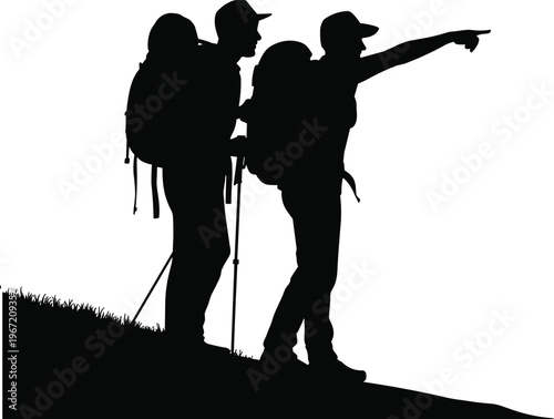 hikers silhouettes pointing direction, trekking partners exploring, backpack adventure, outdoor journey, isolated black figures, teamwork concept