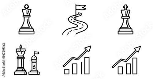 Strategic Vision Icons: A series of clean, minimalist line art icons representing strategic thinking, goals, and growth, ideal for business and project planning visuals.