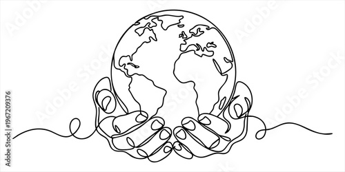 Continuous one line drawing of human hands holding the planet earth globe with environmental protection awareness concept, Vector illustration