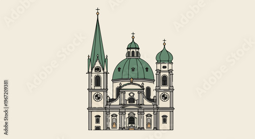Ornate facade of a grand cathedral with a tall spire and green domes