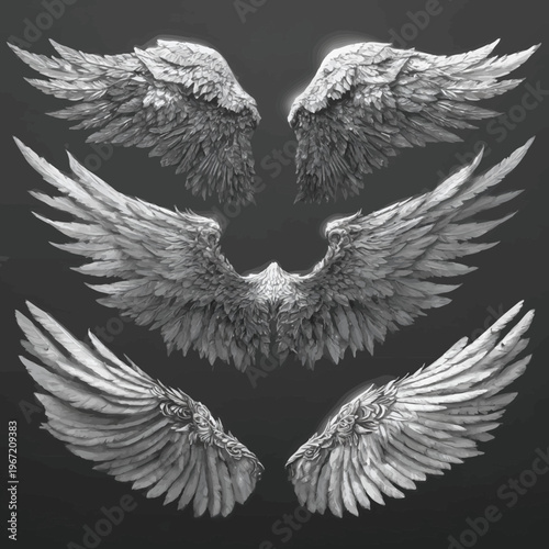 Detailed depiction of angel wings in varying styles and positions