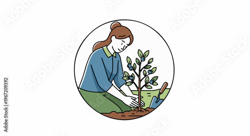 Person planting a small tree with berries, with gardening tools nearby