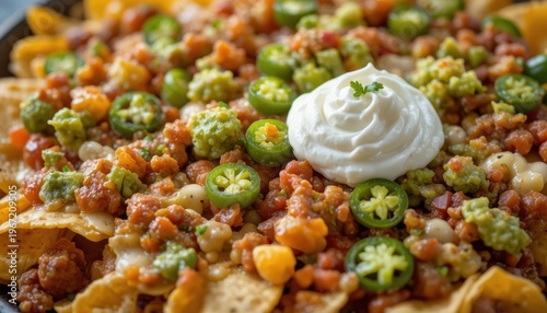 Colorful Plate of Nachos Topped with Fresh Ingredients and Sour Cream in a Casual Dining Setting
