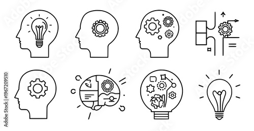 Creative Mind Concept: A series of clean, line-art illustrations depicting the human mind's creative process, with icons symbolizing ideas, thoughts, and innovation.
