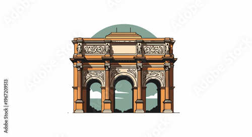 Ornate triple arch monument with classical sculptures and sky backdrop