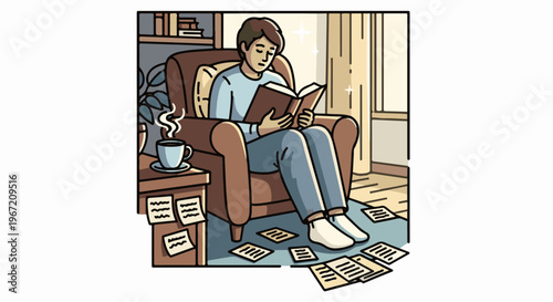 Person reading a book while relaxing in an armchair with coffee