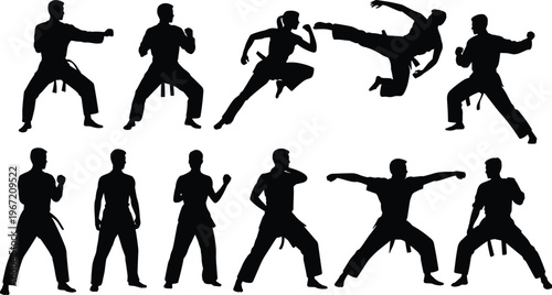 martial arts silhouettes, karate fighters poses, combat training action, isolated black figures, self defense, dynamic motion set