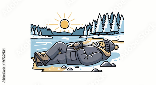 Person relaxing by frozen lake in winter