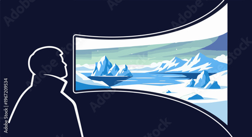 Person silhouetted, gazing at a pixelated arctic landscape on a screen