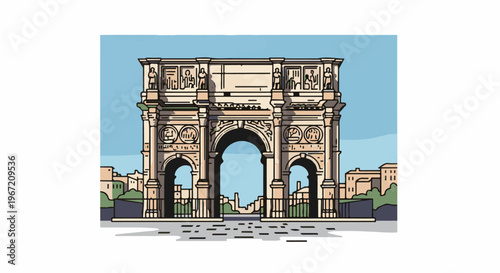 Ornate triumphal arch with statues and detailed carvings under a clear sky