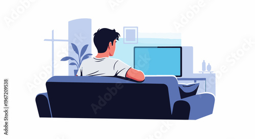 Person relaxing on a couch watching television in a minimalist room