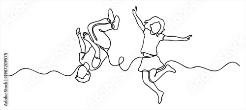 Happy children jumping and doing flips representing childhood joy and freedom with abstract flowing lines, Vector illustration