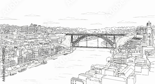 Panoramic sketch of a city with a large arched bridge over a river