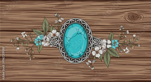 Ornate turquoise gemstone ring with delicate floral accents on a wood grain background