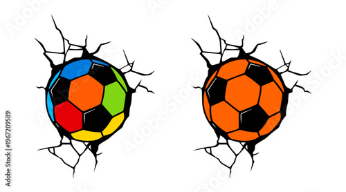 
football ball hit the wall and it's cracked, Soccer ball smash the white wall with cracks hole