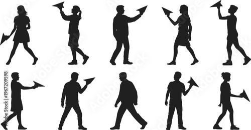 Paper airplane silhouettes with glitch overlay, people walking throwing planes, abstract background, digital distortion, creative concept