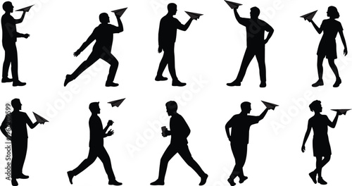 Paper airplane silhouette set, people throwing planes, creative concept, startup idea, teamwork, communication, vector