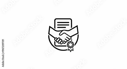 Partnership agreement icon with handshake, document, and seal