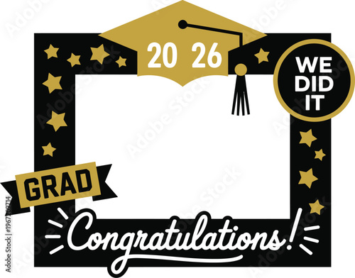 Graduation photo booth props frame, festive party backdrop with hats glasses speech bubbles and celebratory elements for fun college and school graduation events.