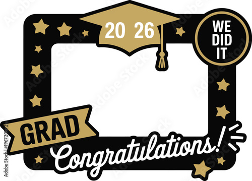 Graduation photo booth props frame, festive party backdrop with hats glasses speech bubbles and celebratory elements for fun college and school graduation events.