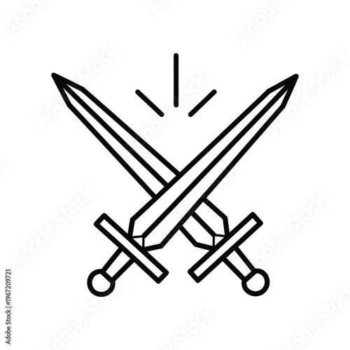 Minimalist black line icon of two crossed medieval swords symbolizing battle, competition, and gaming duel on a white background