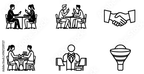 Business Meetings and Handshake Icons: A set of six monochrome icons depicting various aspects of business interactions, including meetings, discussions, and a handshake.