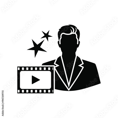 Minimalist black silhouette icon of a professional male actor or movie star with a film strip and stars representing celebrity status and cinema production