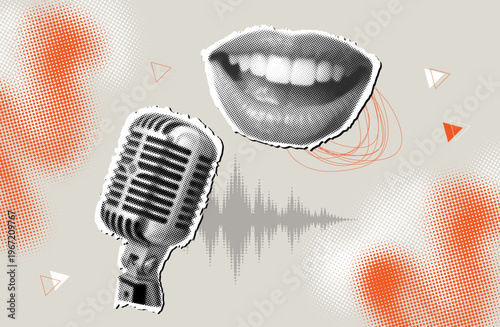 Trendy halftone collage,creative podcast with mouth,microphone and audio wave