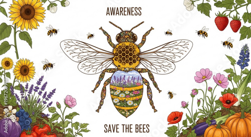 Illustrated bee with colorful floral patterns on its wings and body surrounded by vibrant flowers and fruits promoting bee awareness and conservation with text 'save the bees'