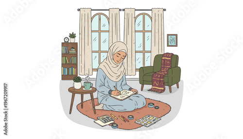 A woman wearing a hijab sits on the floor in a cozy living room writing in a notebook
