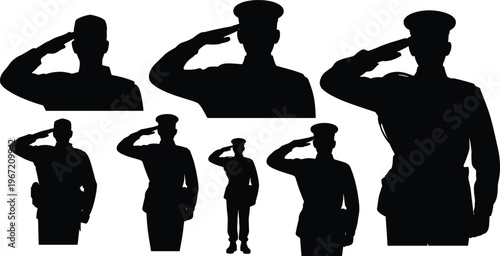 Soldier silhouettes saluting military personnel respect honor service uniform patriotic army defense vector illustration