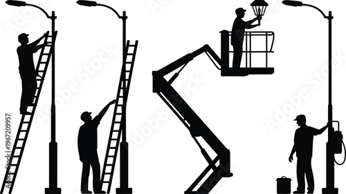 Street light maintenance silhouettes, workers repairing lamp posts, electrician service, urban infrastructure, utility repair, vector illustration