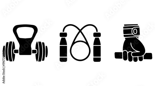 Set of fitness and gym equipment icons isolated on transparent background