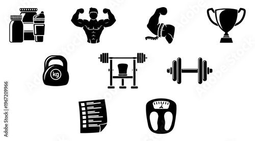 Gym equipment silhouette exercise workout accessories isolated set. Vector flat graphic design illustration