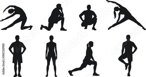 Stretching exercise silhouettes collection, fitness warm up poses, flexibility training, athletic routine isolated vector illustration